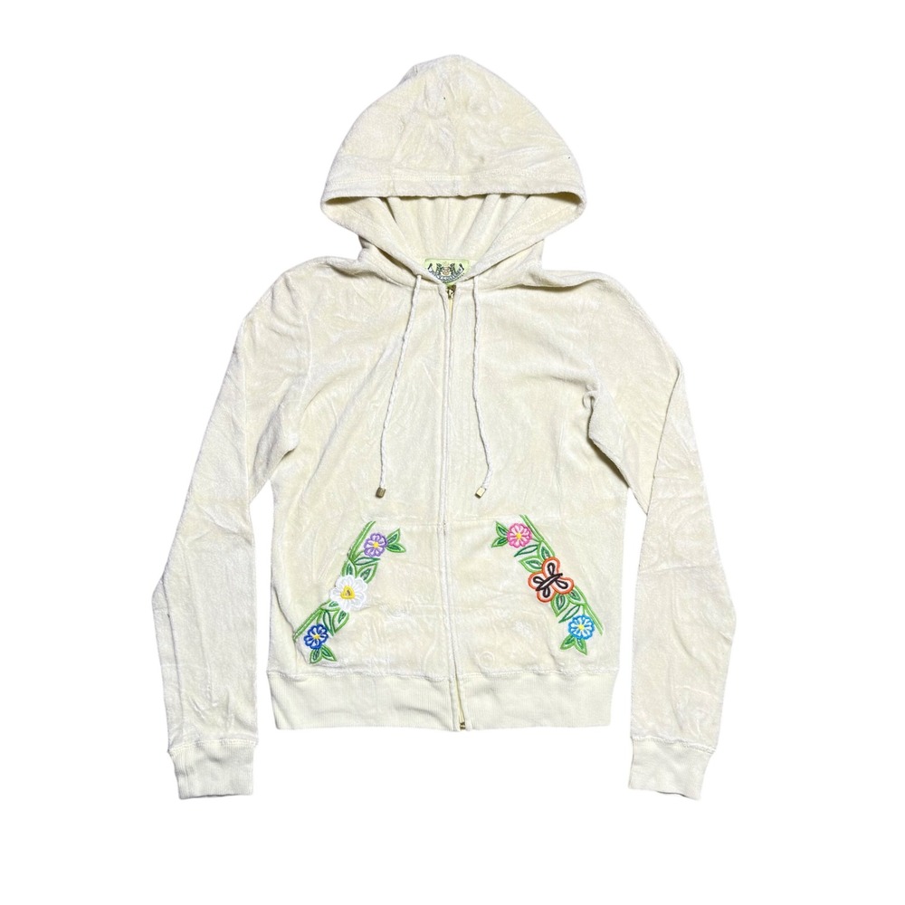 Juicy Couture Velour Zip Up Hoodie Cream Floral Butterfly Embroidery